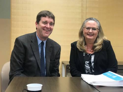 Faith McKinney, right, seated next to Professor Kit Nagel in a photo from 2018 before the previous Around-The-World-Semester ®